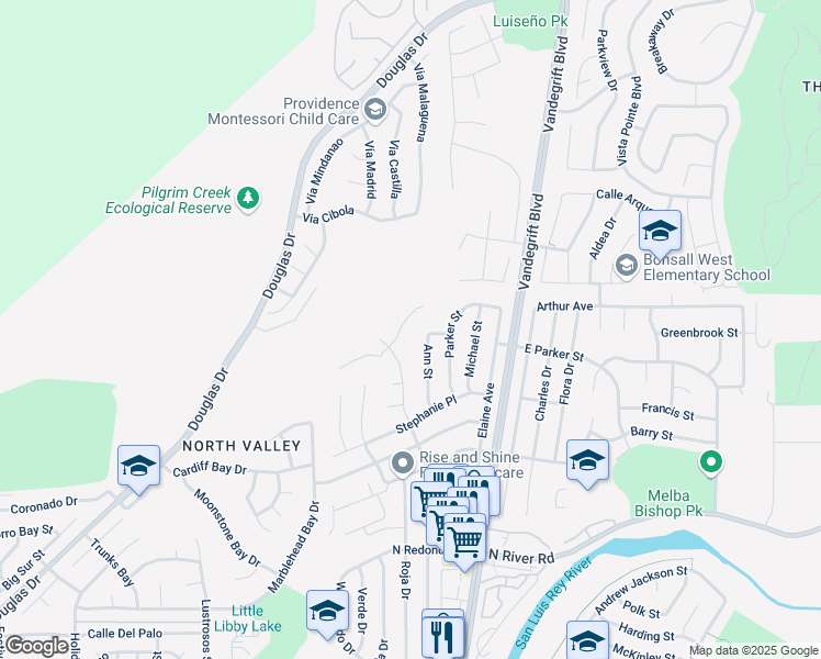 map of restaurants, bars, coffee shops, grocery stores, and more near 4953 Concho Place in Oceanside