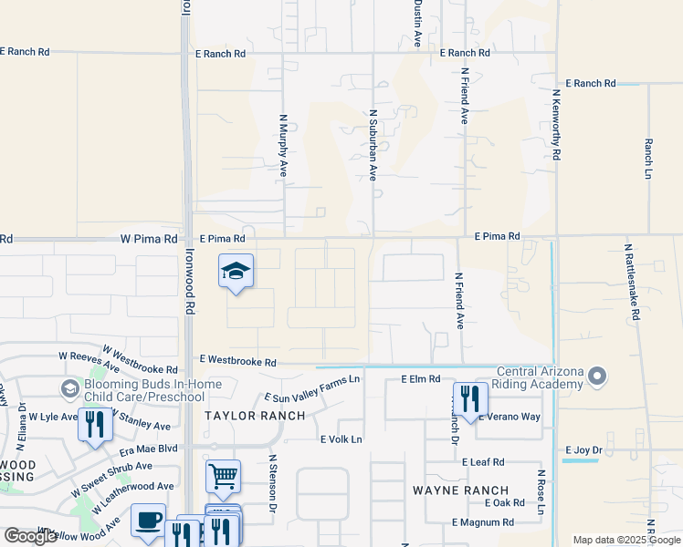 map of restaurants, bars, coffee shops, grocery stores, and more near 837-925 East Pima Road in San Tan Valley
