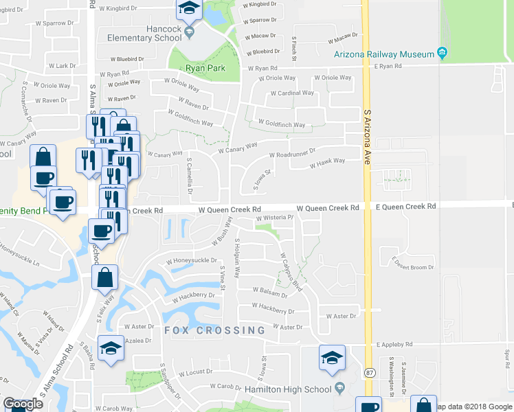 map of restaurants, bars, coffee shops, grocery stores, and more near 430 West Queen Creek Road in Chandler