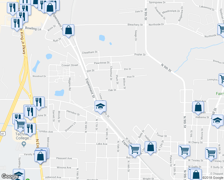 map of restaurants, bars, coffee shops, grocery stores, and more near 9 Oak Street in Griffin