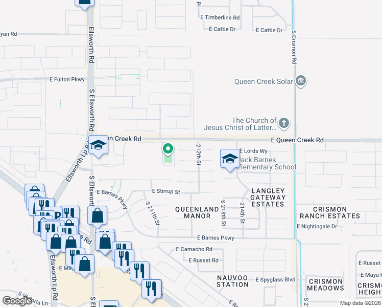 map of restaurants, bars, coffee shops, grocery stores, and more near 21128 East Lords Way in Queen Creek