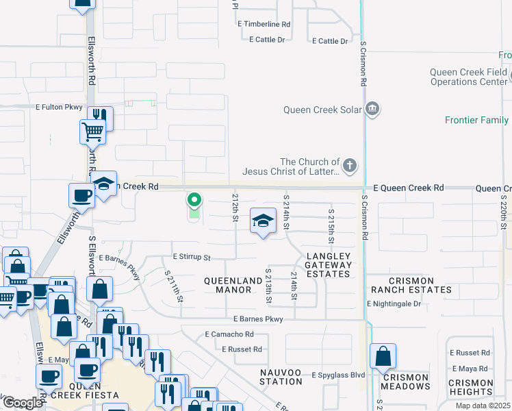 map of restaurants, bars, coffee shops, grocery stores, and more near 21299 East Lords Way in Queen Creek