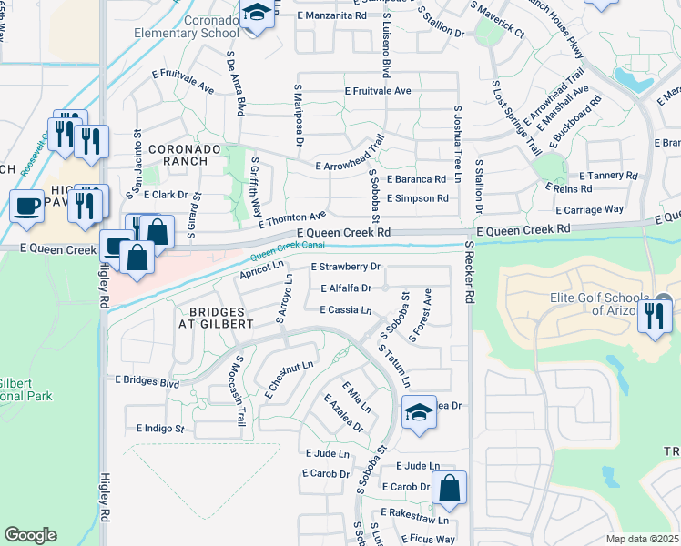 map of restaurants, bars, coffee shops, grocery stores, and more near 3712 East Strawberry Drive in Gilbert