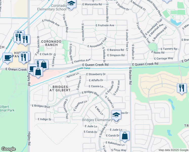map of restaurants, bars, coffee shops, grocery stores, and more near 3712 East Strawberry Drive in Gilbert