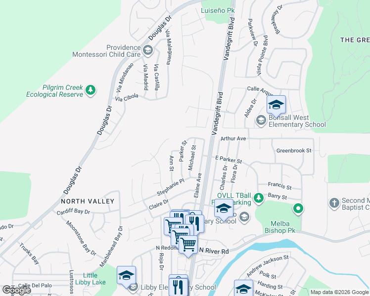 map of restaurants, bars, coffee shops, grocery stores, and more near 660 Parker Street in Oceanside