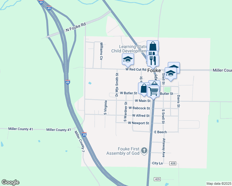 map of restaurants, bars, coffee shops, grocery stores, and more near 409 West Butler Street in Fouke