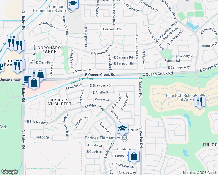 map of restaurants, bars, coffee shops, grocery stores, and more near 3785 East Strawberry Drive in Gilbert
