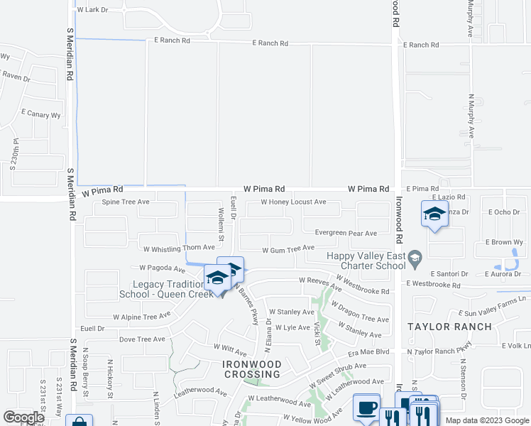 map of restaurants, bars, coffee shops, grocery stores, and more near 748 West Tallow Tree Avenue in San Tan Valley