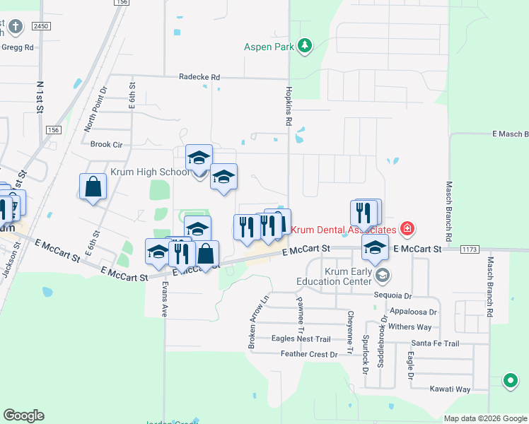 map of restaurants, bars, coffee shops, grocery stores, and more near 3281 Hopkins Road in Krum