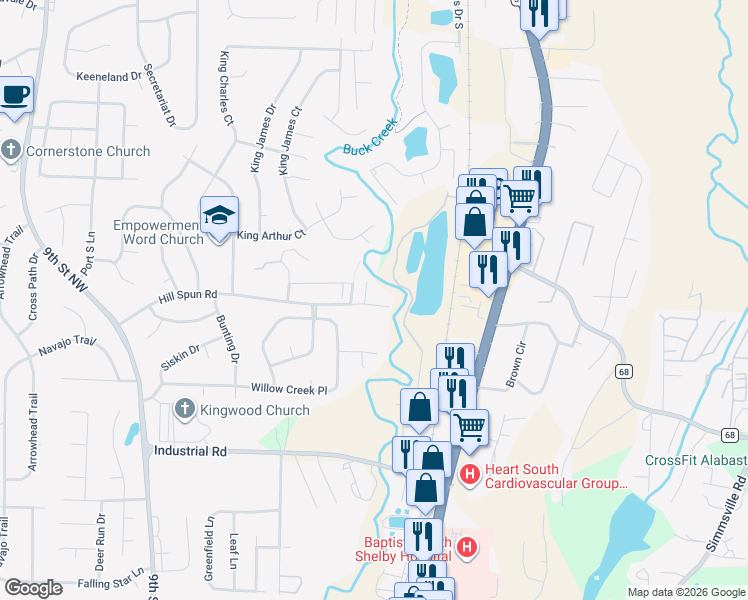 map of restaurants, bars, coffee shops, grocery stores, and more near 200 Willow Point Circle in Alabaster