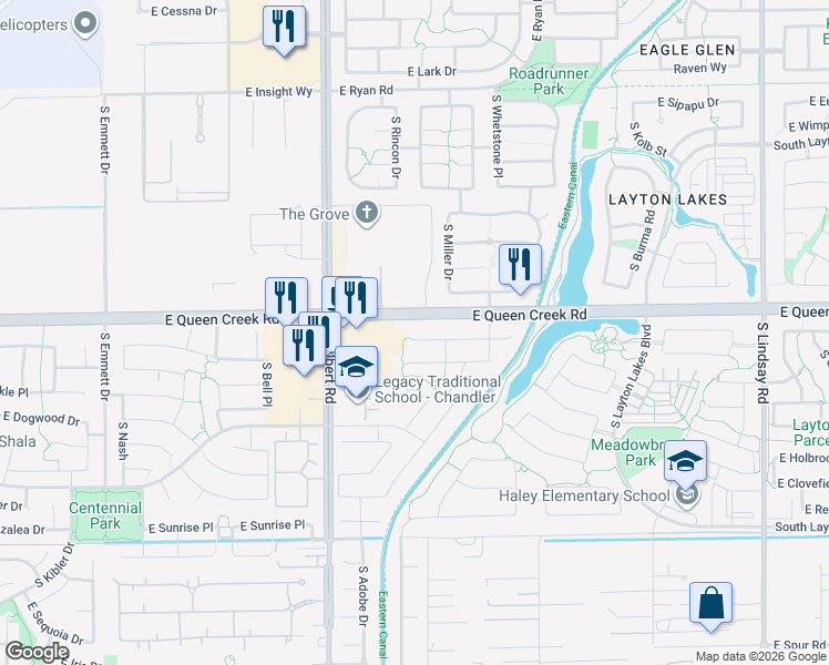 map of restaurants, bars, coffee shops, grocery stores, and more near 3220 East Wisteria Place in Chandler
