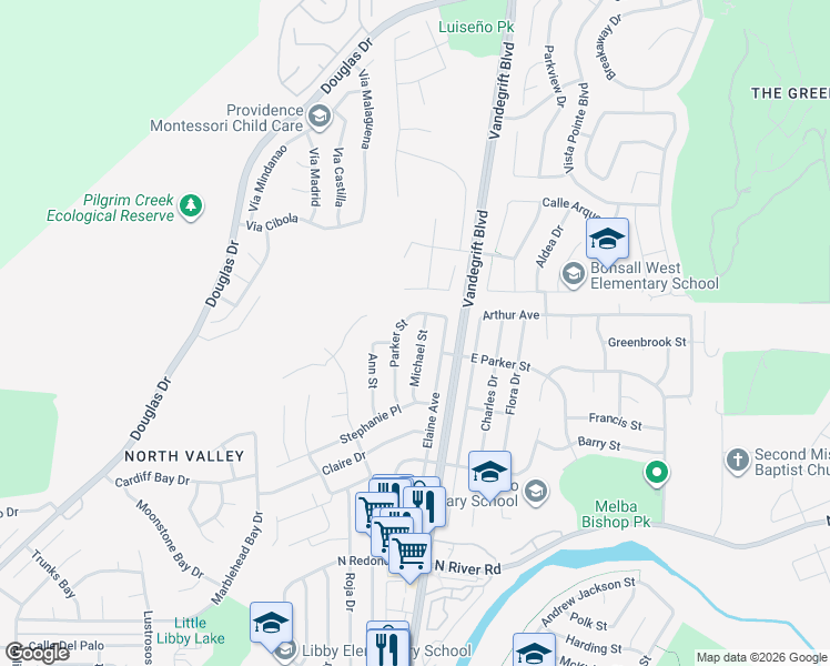 map of restaurants, bars, coffee shops, grocery stores, and more near 659 Michael Street in Oceanside