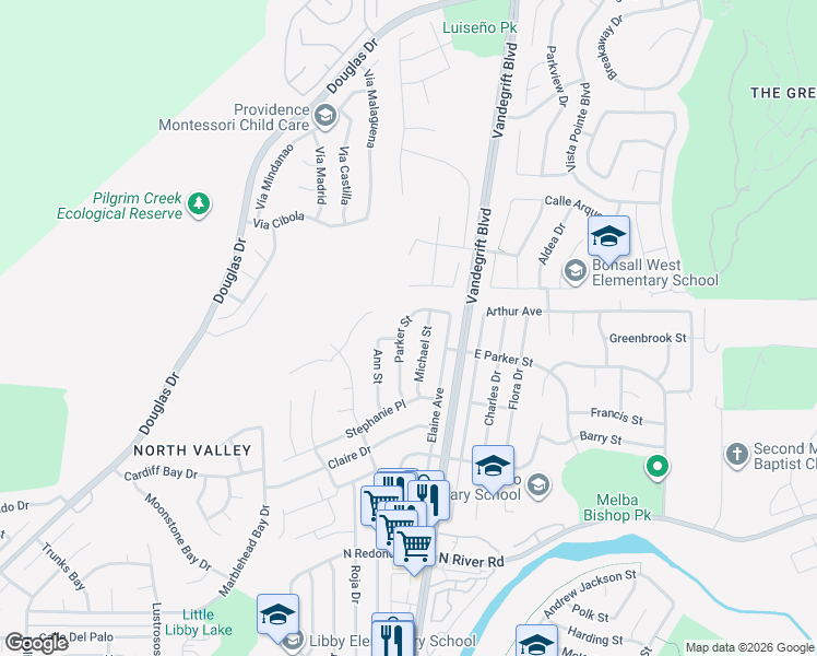 map of restaurants, bars, coffee shops, grocery stores, and more near 656 Parker Street in Oceanside