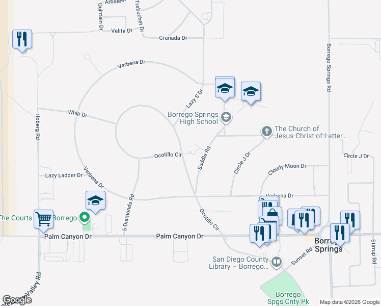 map of restaurants, bars, coffee shops, grocery stores, and more near 437 Ocotillo Circle in Borrego Springs