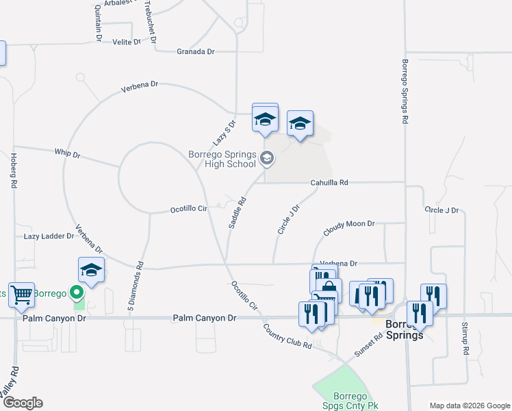 map of restaurants, bars, coffee shops, grocery stores, and more near 558 Saddle Road in Borrego Springs