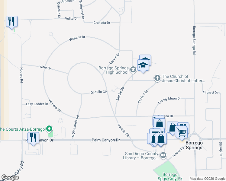 map of restaurants, bars, coffee shops, grocery stores, and more near 437 Ocotillo Circle in Borrego Springs
