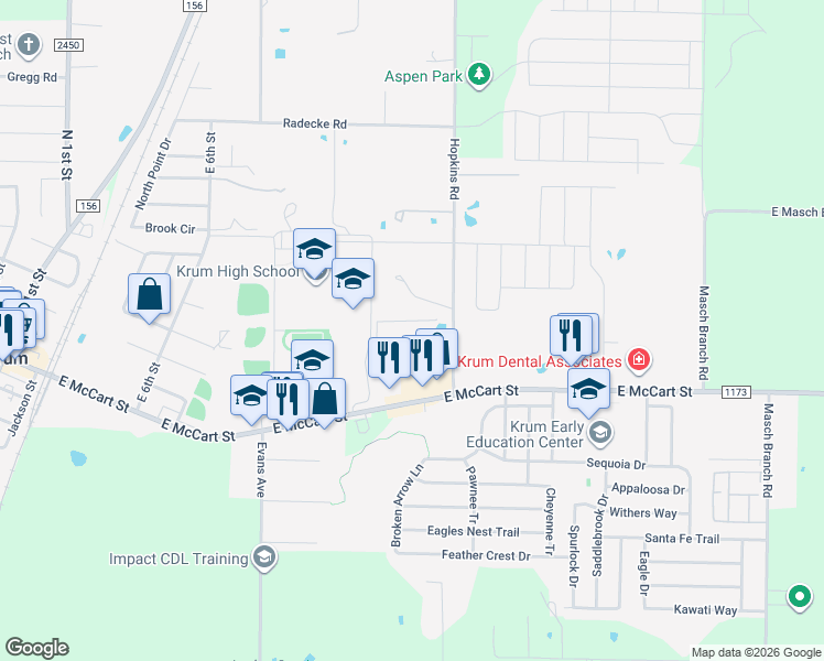 map of restaurants, bars, coffee shops, grocery stores, and more near 3281 Hopkins Road in Krum