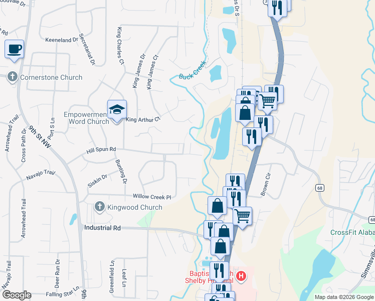 map of restaurants, bars, coffee shops, grocery stores, and more near 200 Willow Point Circle in Alabaster