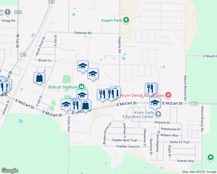 map of restaurants, bars, coffee shops, grocery stores, and more near 3281 Hopkins Road in Krum