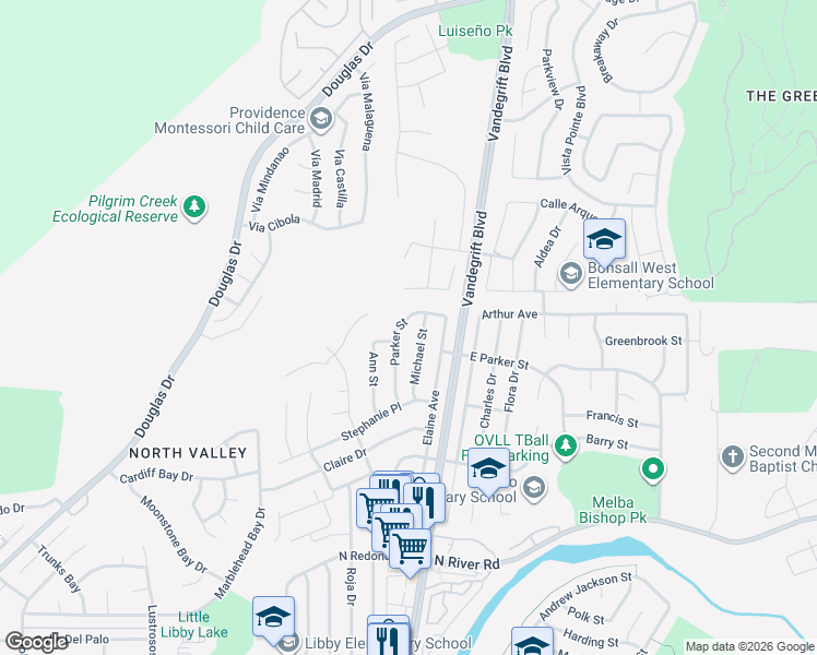 map of restaurants, bars, coffee shops, grocery stores, and more near 660 Parker Street in Oceanside