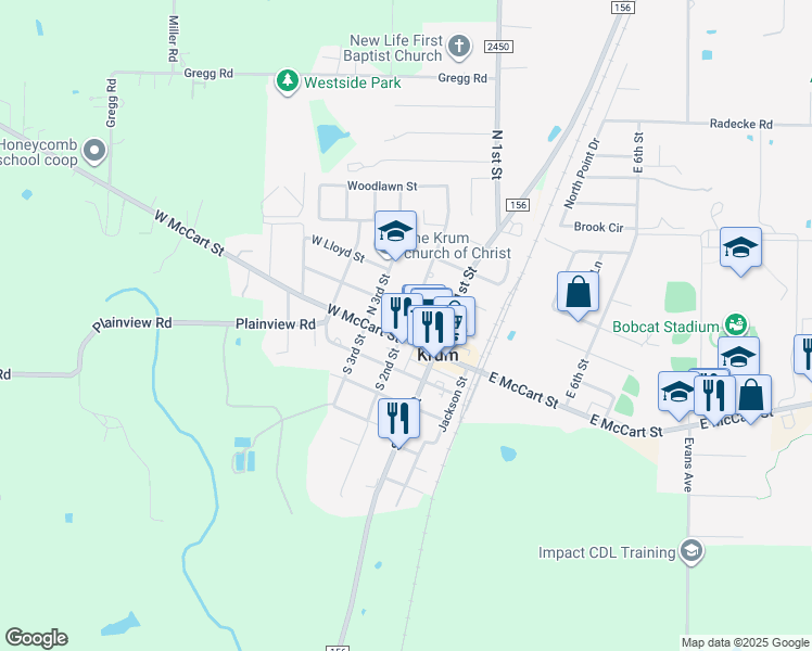 map of restaurants, bars, coffee shops, grocery stores, and more near 116 North 2nd Street in Krum