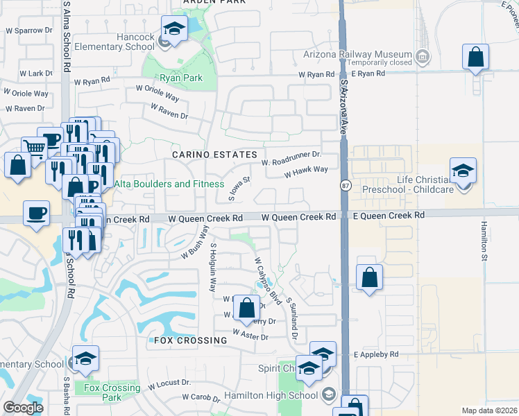 map of restaurants, bars, coffee shops, grocery stores, and more near 250 West Queen Creek Road in Chandler