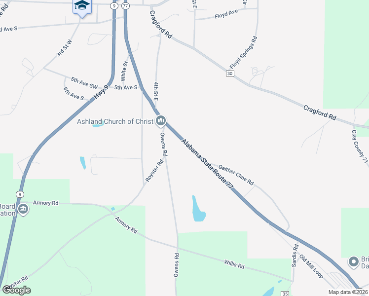 map of restaurants, bars, coffee shops, grocery stores, and more near 39647 Alabama 77 in Ashland