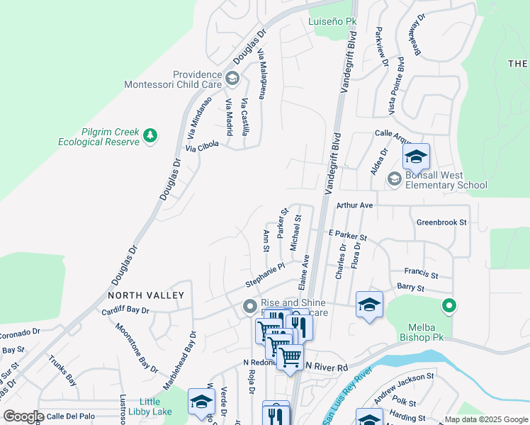 map of restaurants, bars, coffee shops, grocery stores, and more near 4953 Concho Place in Oceanside