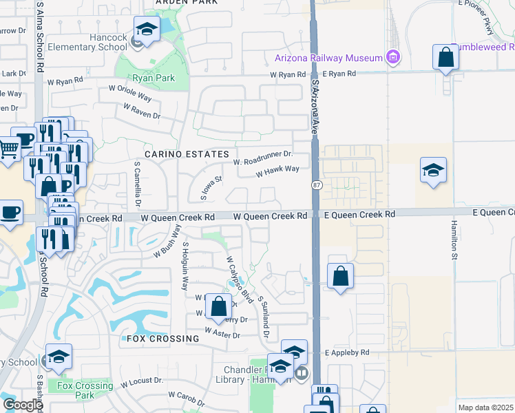 map of restaurants, bars, coffee shops, grocery stores, and more near 250 West Queen Creek Road in Chandler