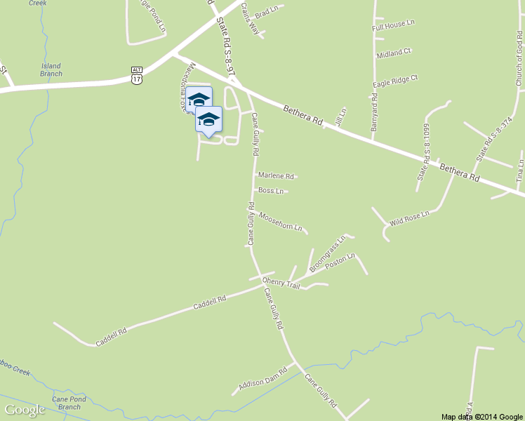 map of restaurants, bars, coffee shops, grocery stores, and more near 2156 Cane Gully Road in Moncks Corner