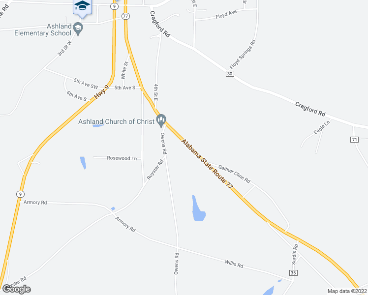 map of restaurants, bars, coffee shops, grocery stores, and more near 39647 Alabama 77 in Ashland