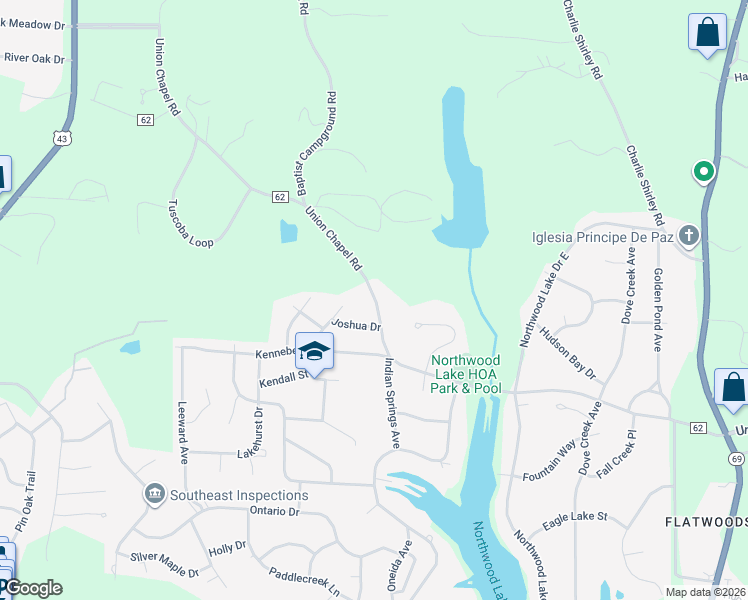 map of restaurants, bars, coffee shops, grocery stores, and more near 3015 Union Chapel Road in Northport
