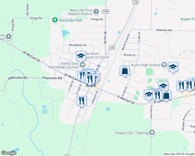 map of restaurants, bars, coffee shops, grocery stores, and more near 126 W Lake St in Krum