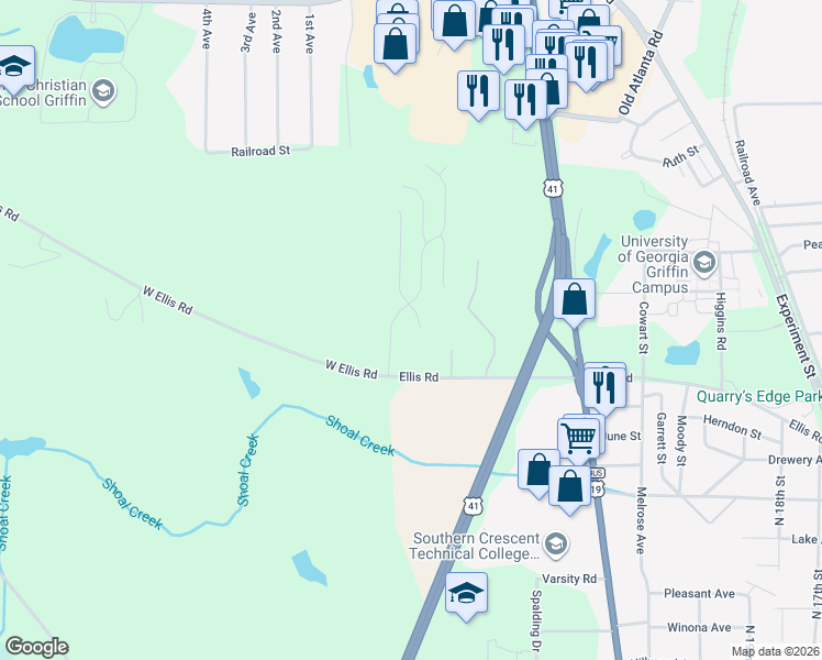 map of restaurants, bars, coffee shops, grocery stores, and more near 108 Shandon Lane in Griffin