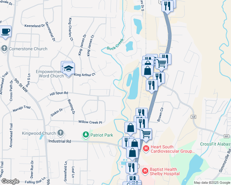 map of restaurants, bars, coffee shops, grocery stores, and more near 200 Willow Point Circle in Alabaster