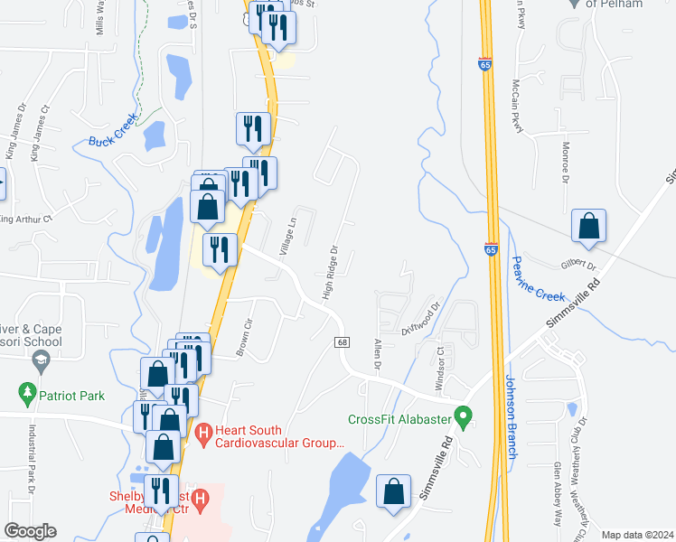 map of restaurants, bars, coffee shops, grocery stores, and more near 103 High Ridge Trce in Pelham