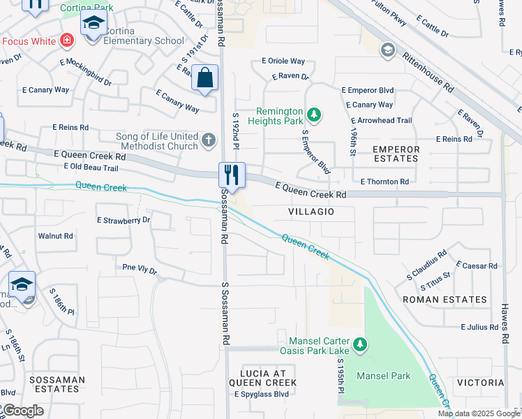 map of restaurants, bars, coffee shops, grocery stores, and more near 19303 East Apricot Lane in Queen Creek