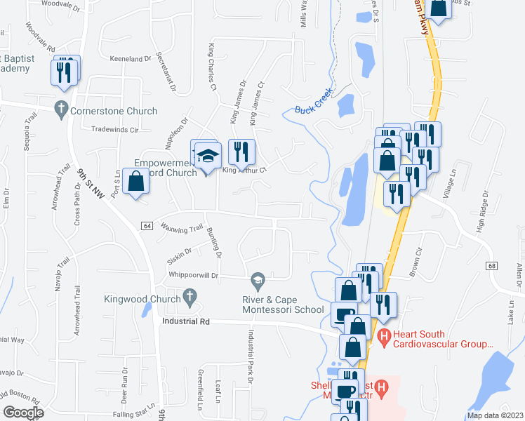 map of restaurants, bars, coffee shops, grocery stores, and more near 108 Sugar Hill Lane in Alabaster