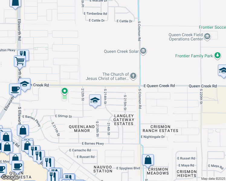 map of restaurants, bars, coffee shops, grocery stores, and more near 21436 East Lords Way in Queen Creek
