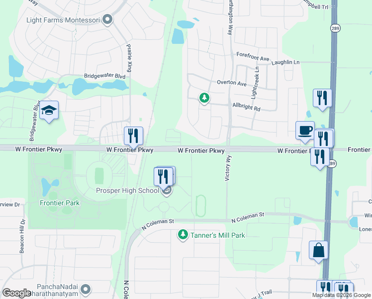 map of restaurants, bars, coffee shops, grocery stores, and more near 3000-3408 North Coleman Street in Prosper