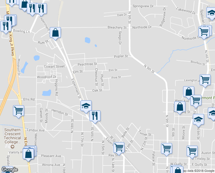 map of restaurants, bars, coffee shops, grocery stores, and more near 223 Willow Street in Griffin