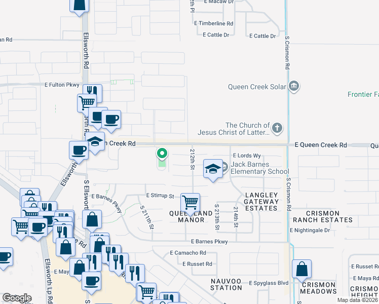 map of restaurants, bars, coffee shops, grocery stores, and more near 21244 East Lords Way in Queen Creek