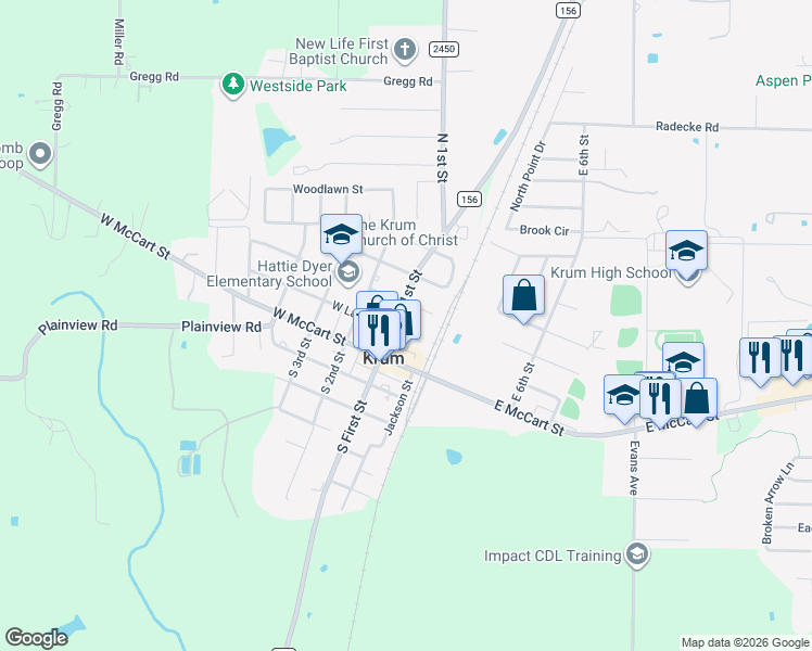 map of restaurants, bars, coffee shops, grocery stores, and more near 126 West Lake Street in Krum