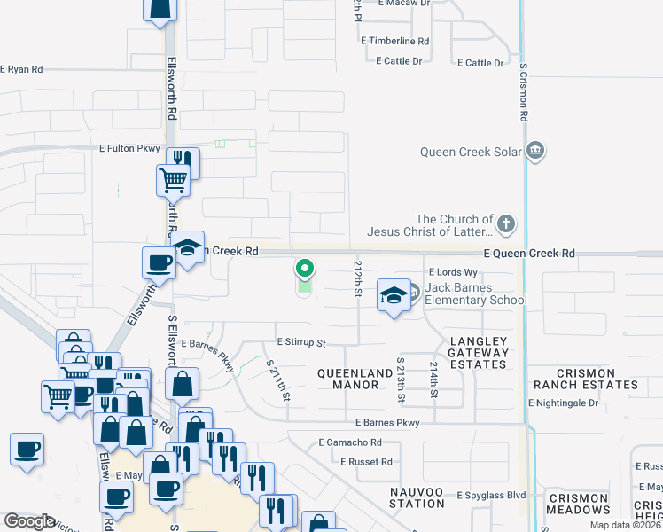 map of restaurants, bars, coffee shops, grocery stores, and more near 21128 East Lords Way in Queen Creek