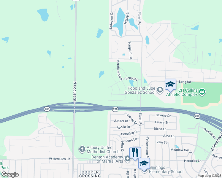 map of restaurants, bars, coffee shops, grocery stores, and more near 4617 Shy Creek Lane in Denton