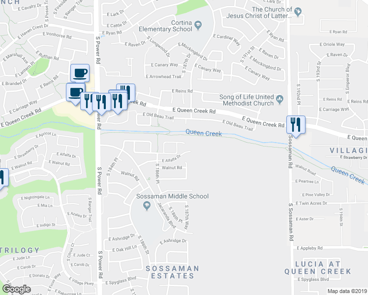 map of restaurants, bars, coffee shops, grocery stores, and more near 18783 East Apricot Lane in Queen Creek