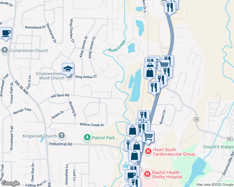 map of restaurants, bars, coffee shops, grocery stores, and more near 218 Willow Point Circle in Alabaster