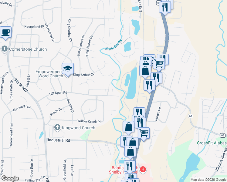 map of restaurants, bars, coffee shops, grocery stores, and more near 218 Willow Point Circle in Alabaster
