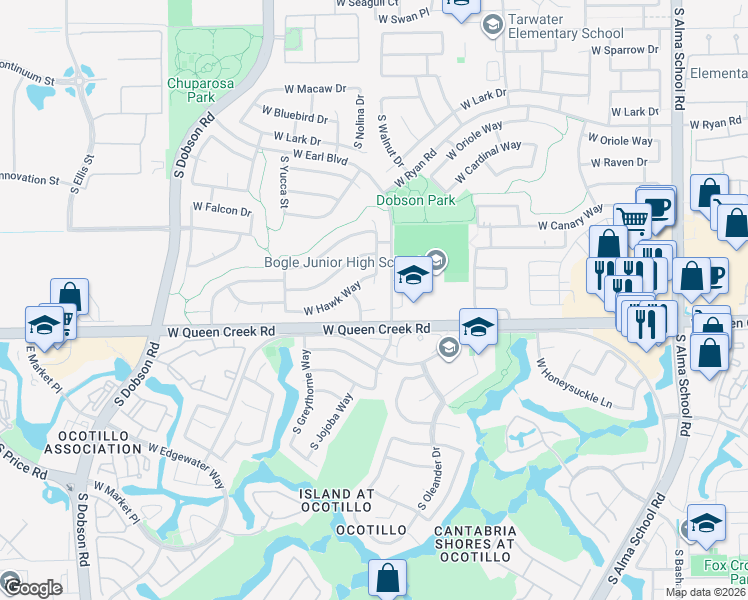map of restaurants, bars, coffee shops, grocery stores, and more near 1762 West Bluejay Court in Chandler