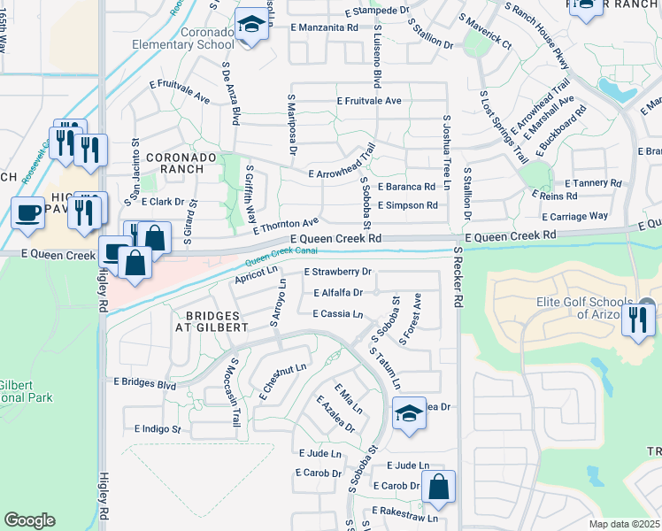 map of restaurants, bars, coffee shops, grocery stores, and more near 3712 East Strawberry Drive in Gilbert